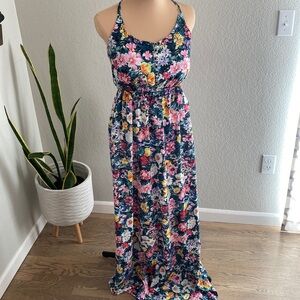 Yumi Kim “Malu” Maxi Dress Vibrant Floral Print Strappy Pockets L Flowy Summer